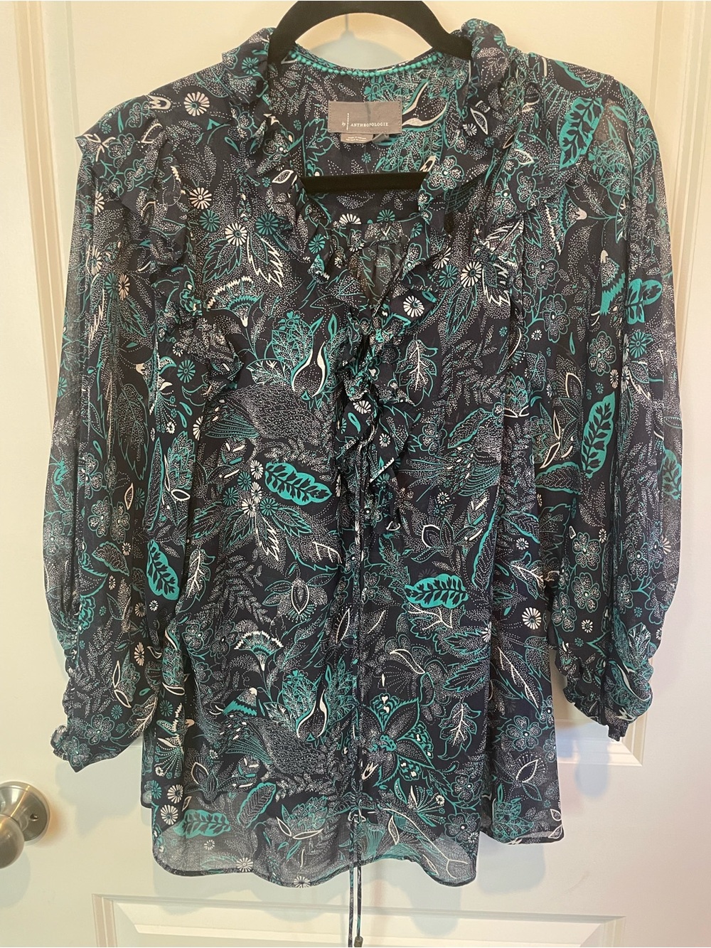 Anthropology Teal Floral Ruffle-Front Women's Blouse
